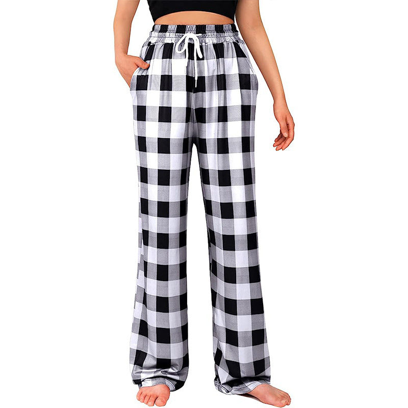 Womens Plaid Pajama Pants Drawstring Wide Leg Lounge