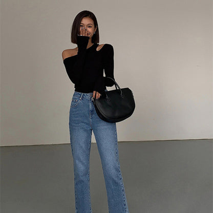 One Shoulder Cutout Long Sleeve Fitted Top