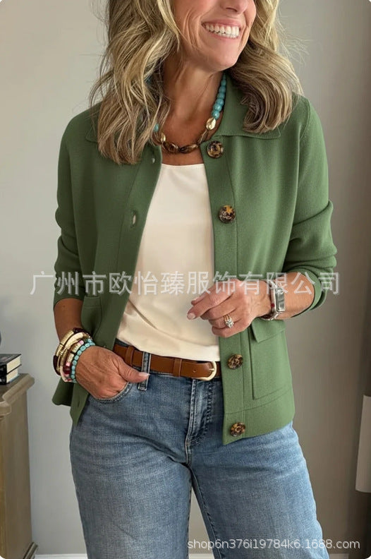 Women's Cropped Collared Jacket Button Front Pockets