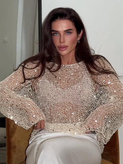 Women's Sequin Sheer Mesh Oversized Sweater Top