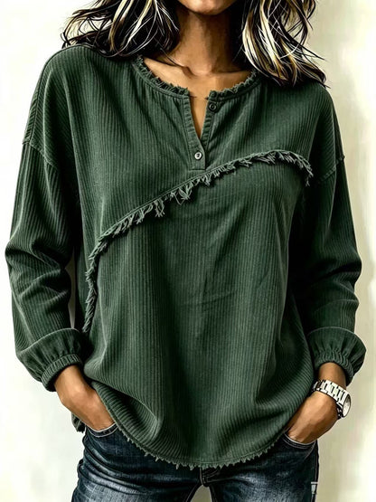 Oversized Corduroy Henley Frayed Hem Long Sleeve Top