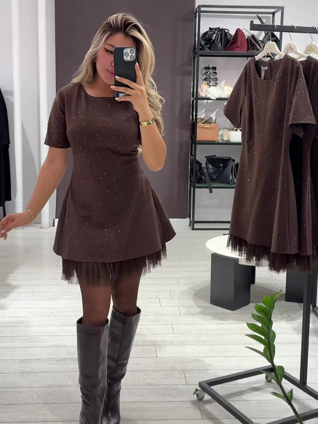 Rhinestone Lace Trim Short Sleeve A-Line Mini Dress
