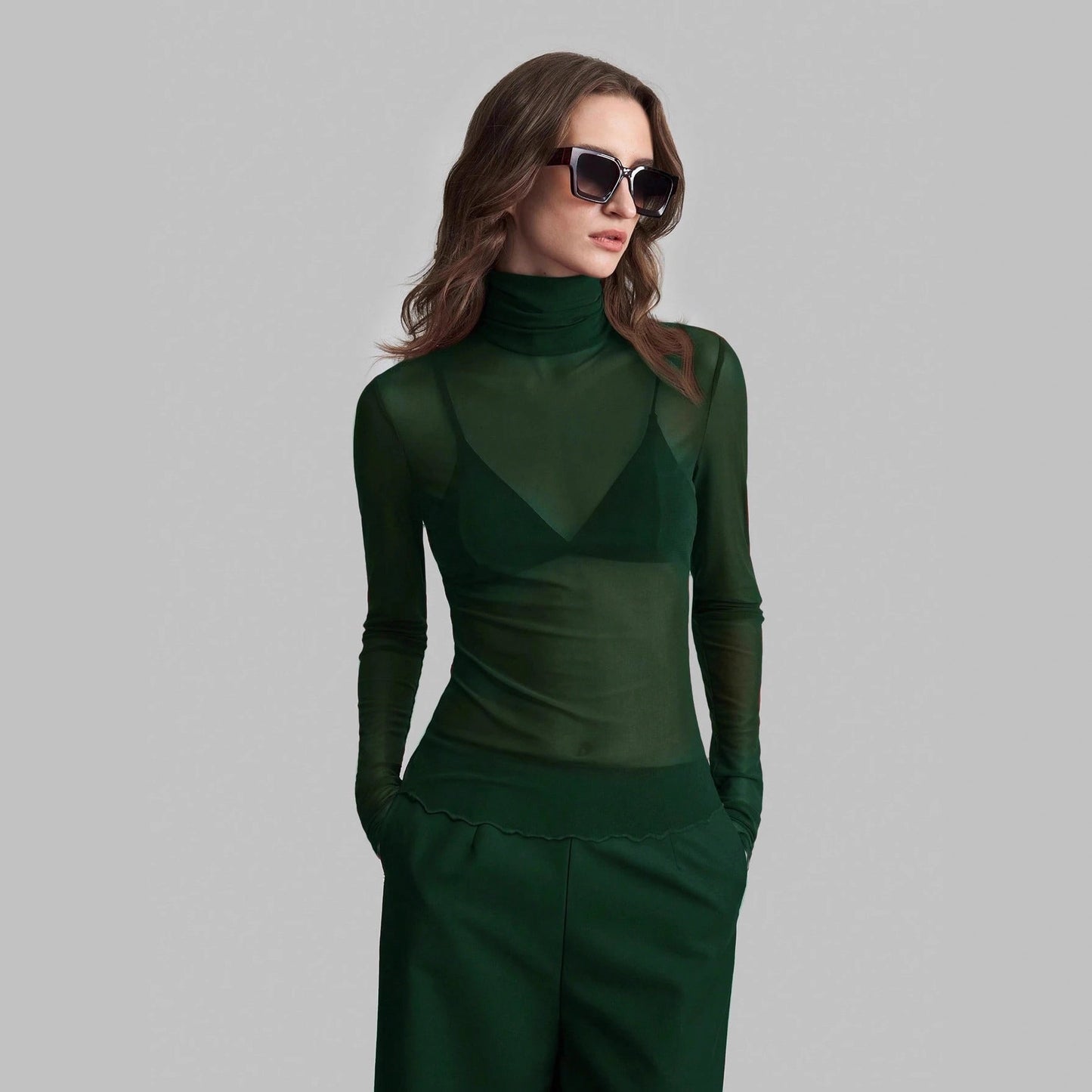 Solid Mesh Turtleneck Top Long Sleeve Fitted Blouse