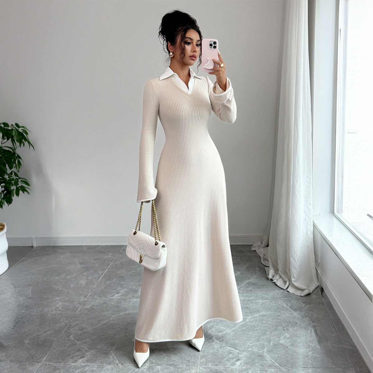 Ribbed Long Sleeve Collared Maxi Dress