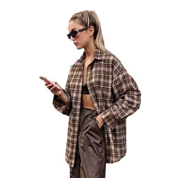 Women Oversized Brown Plaid Shirt Jacket Long Sleeve