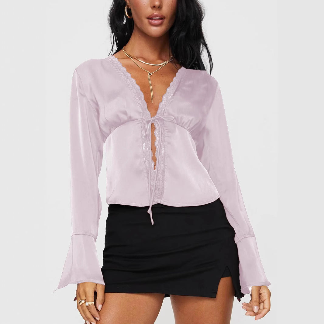 Women's Satin Lace V Neck Tie Front Flare Sleeve Top