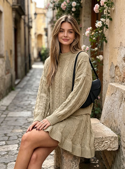Women's Cable Knit Sweater & Ruffle Skirt Set