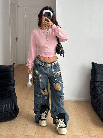 Y2K Crop Sweatshirt Slim Fit Solid Long Sleeve Top