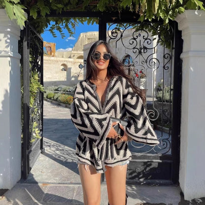 Women's Chevron Striped Belted Knit Cardigan Sweater