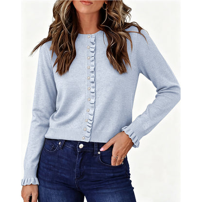 Ruffle Trim Crew Neck Button Front Knit Cardigan Sweater