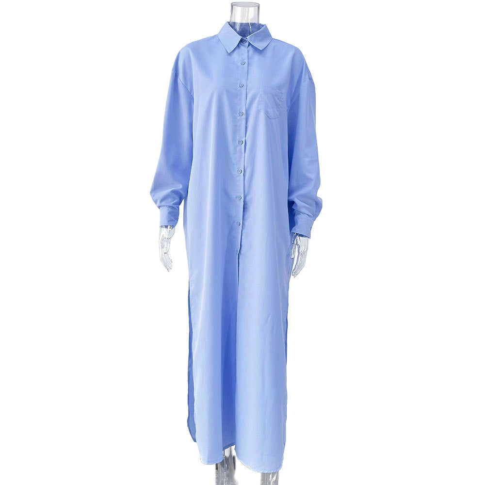 Cotton Maxi Shirt Dress Long Sleeve Collared Slit