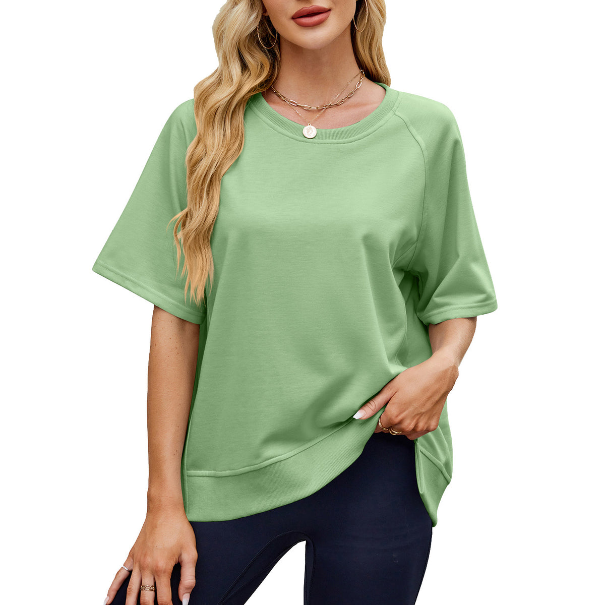 Oversized Crew Neck Raglan Short Sleeve Sweatshirt