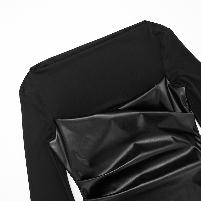 Women's Faux Leather Patchwork Bell Sleeve Fitted Top