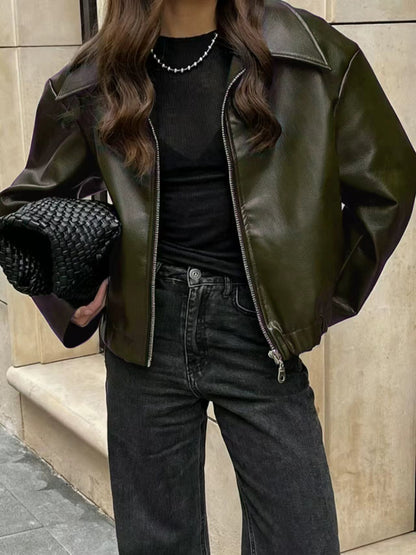 Women's Oversized Faux Leather Moto Jacket Zip Up