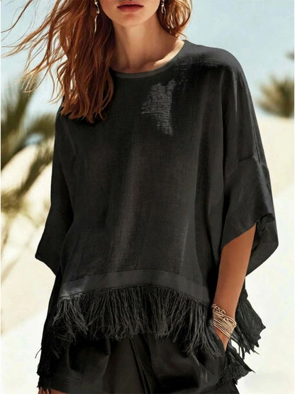 Women's Fringe Batwing Sleeve Oversized Casual Top