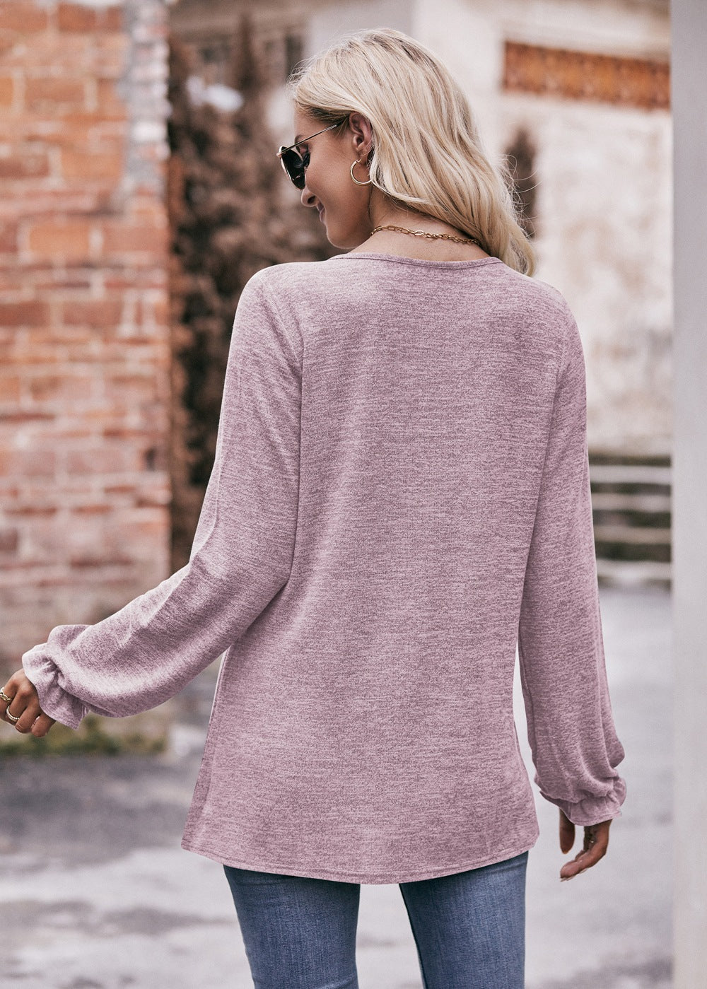 Round Neck Pleated Long Sleeve Brushed Knit Top