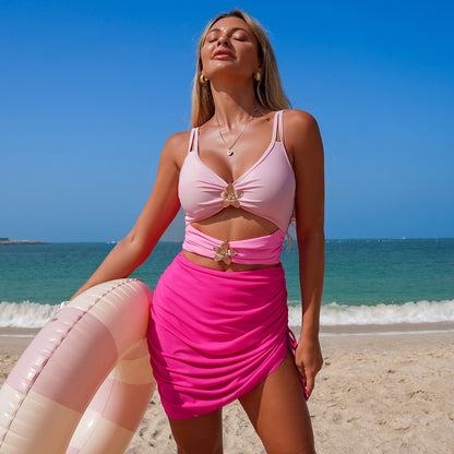 Color Block Cutout Swimsuit Set High Waisted Two Piece