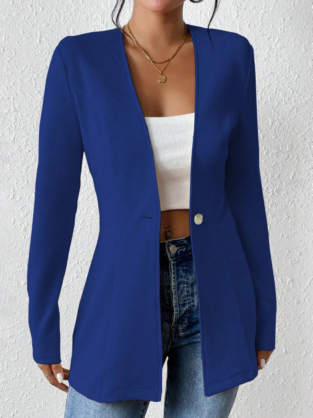 Womens Casual Blazer V Neck One Button Long Sleeve Jacket