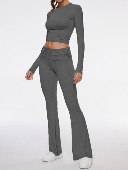Y2K Long Sleeve Crop Top & Flare Pants Two Piece Set