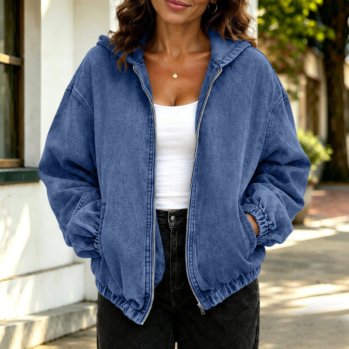 Women Oversized Hooded Zip-Up Cropped Denim Jacket