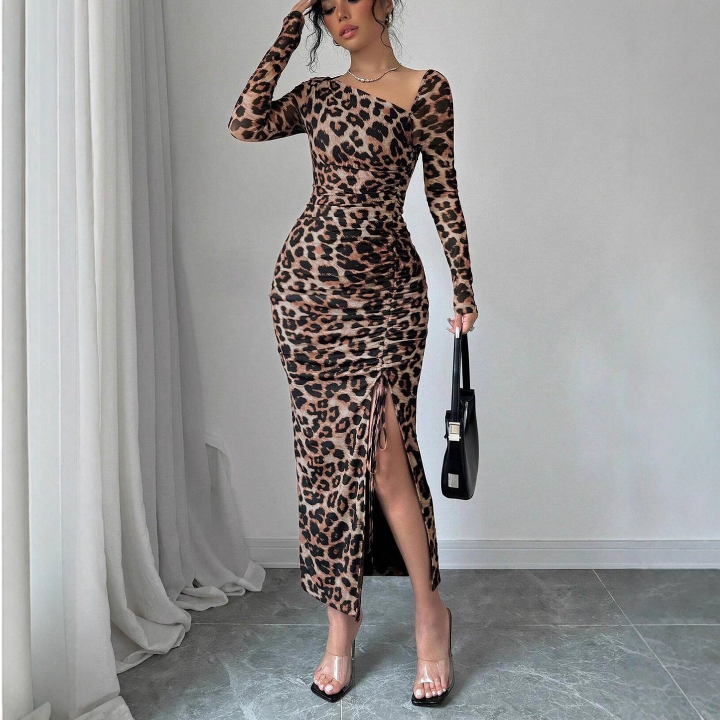 Leopard Mesh Asymmetrical Neck Ruched Bodycon Midi Dress