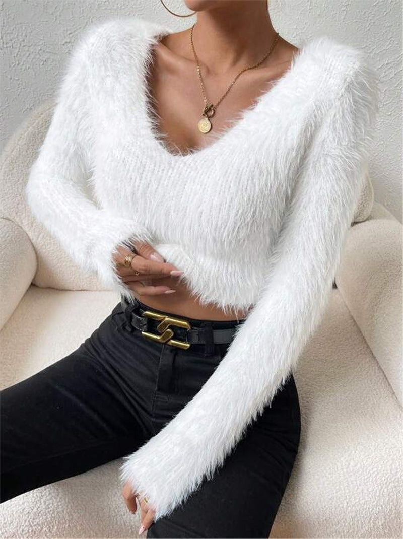 Women's Fuzzy V Neck Cropped Sweater