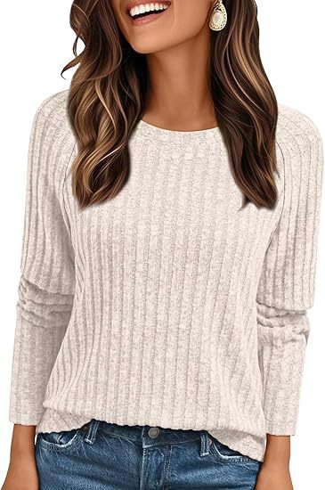 Women's Ribbed Crew Neck Long Sleeve Pullover Top