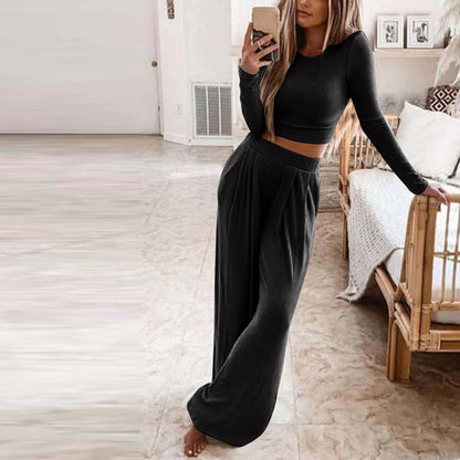 Women's Ribbed Crop Top and Wide Leg Pants Lounge Set