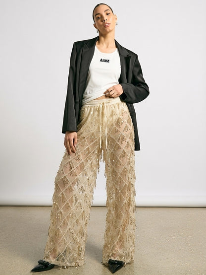 Women Sequin Fringe Mesh Wide Leg Pants