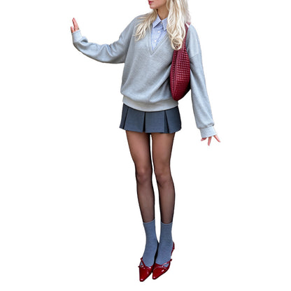 Oversized Waffle Knit Collared Layered Sweatshirt Pullover