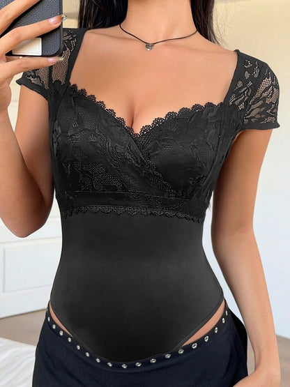 Lace V Neck Bodysuit Sexy Short Sleeve Bodycon Top