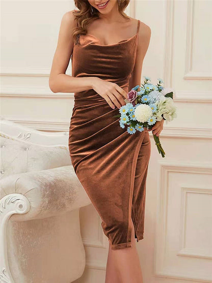 Sexy Velvet Cowl Neck Ruched Slit Bodycon Midi Dress