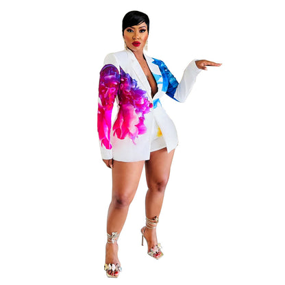 Women Graphic Blazer Shorts Set Sexy Two Piece