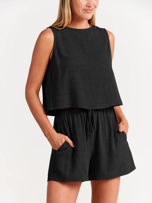 Sleeveless Top and Drawstring Shorts Two Piece Set