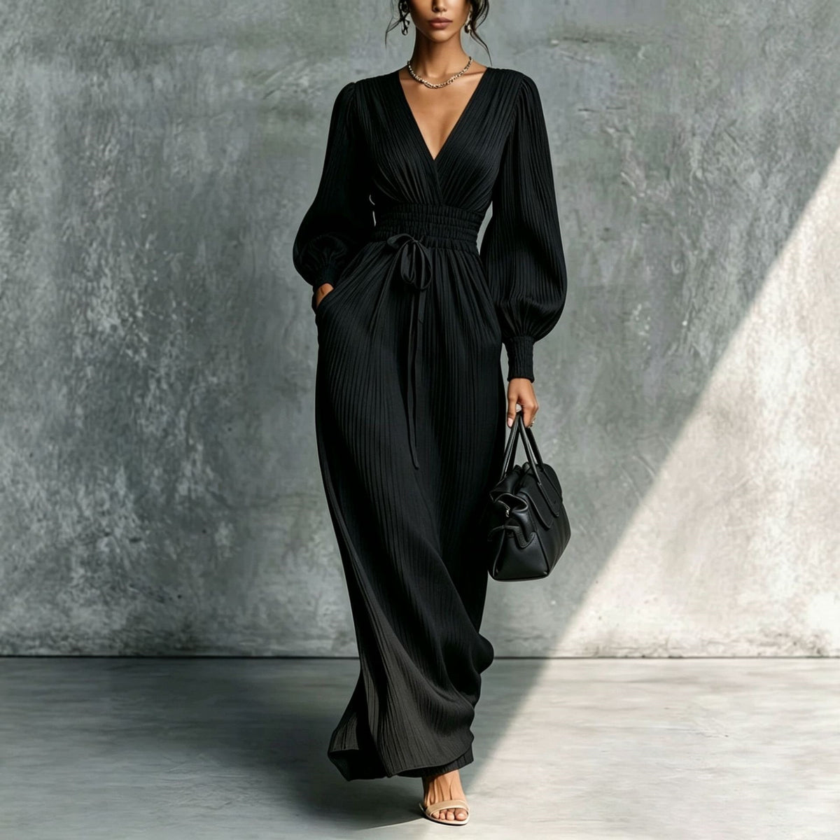Women's V-Neck Long Sleeve Smocked Waist Maxi Dress