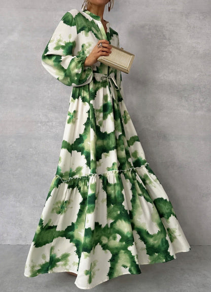 Women's Boho Tie Waist Tiered Maxi Dress Long Sleeve