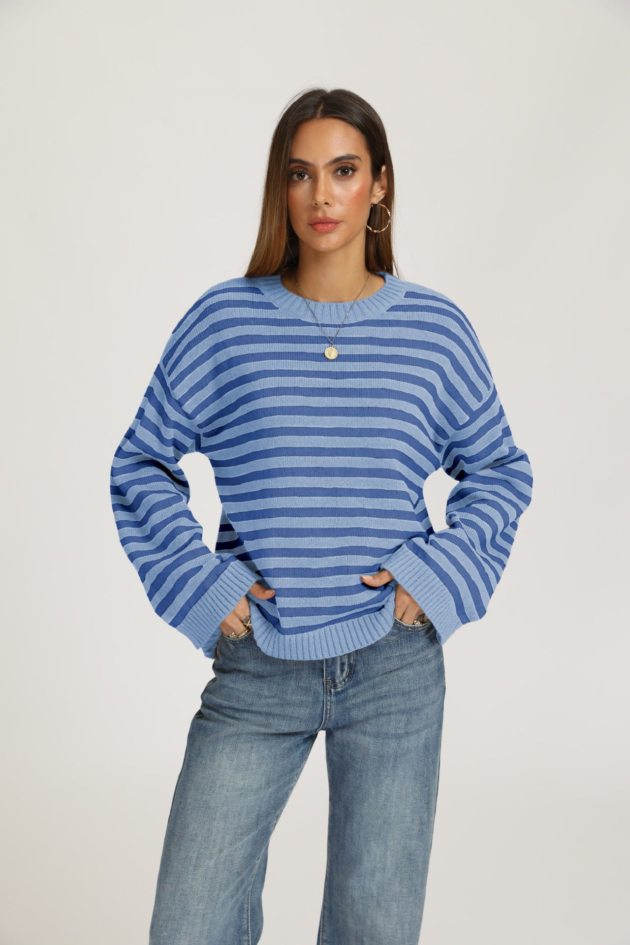 Striped Knit Sweater Crew Neck Pullover Oversized Top