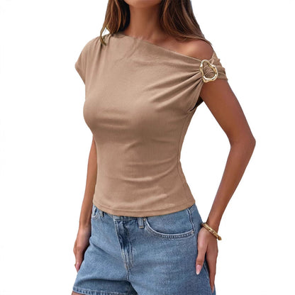 Ribbed One Shoulder Top Metal Buckle Slim Tee