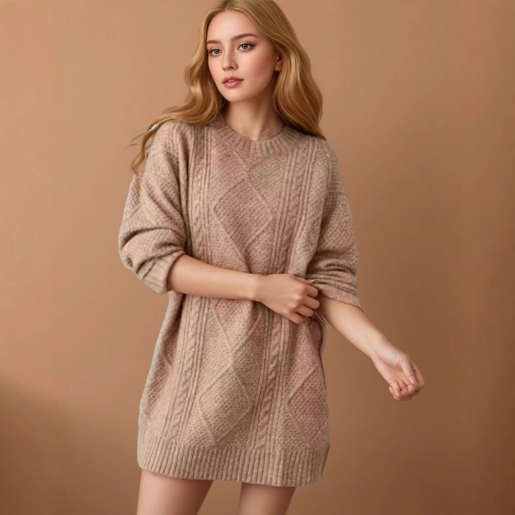 Oversized Chunky Cable Knit Sweater Dress Crew Neck