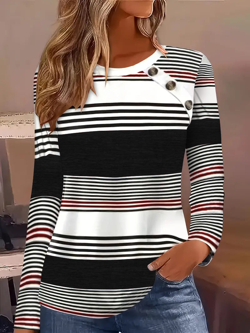 Women's Striped Color Block Button Long Sleeve Tunic Top