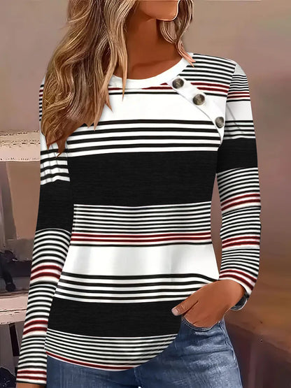 Women's Striped Color Block Button Long Sleeve Tunic Top