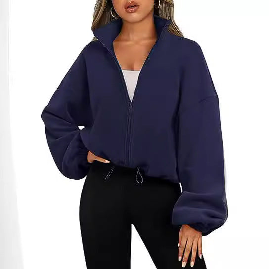 Womens Oversized Fleece Zip Up Jacket Stand Collar Cropped