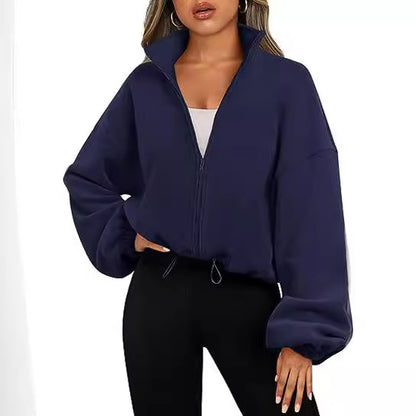 Women's Oversized Fleece Zip Up Jacket Stand Collar