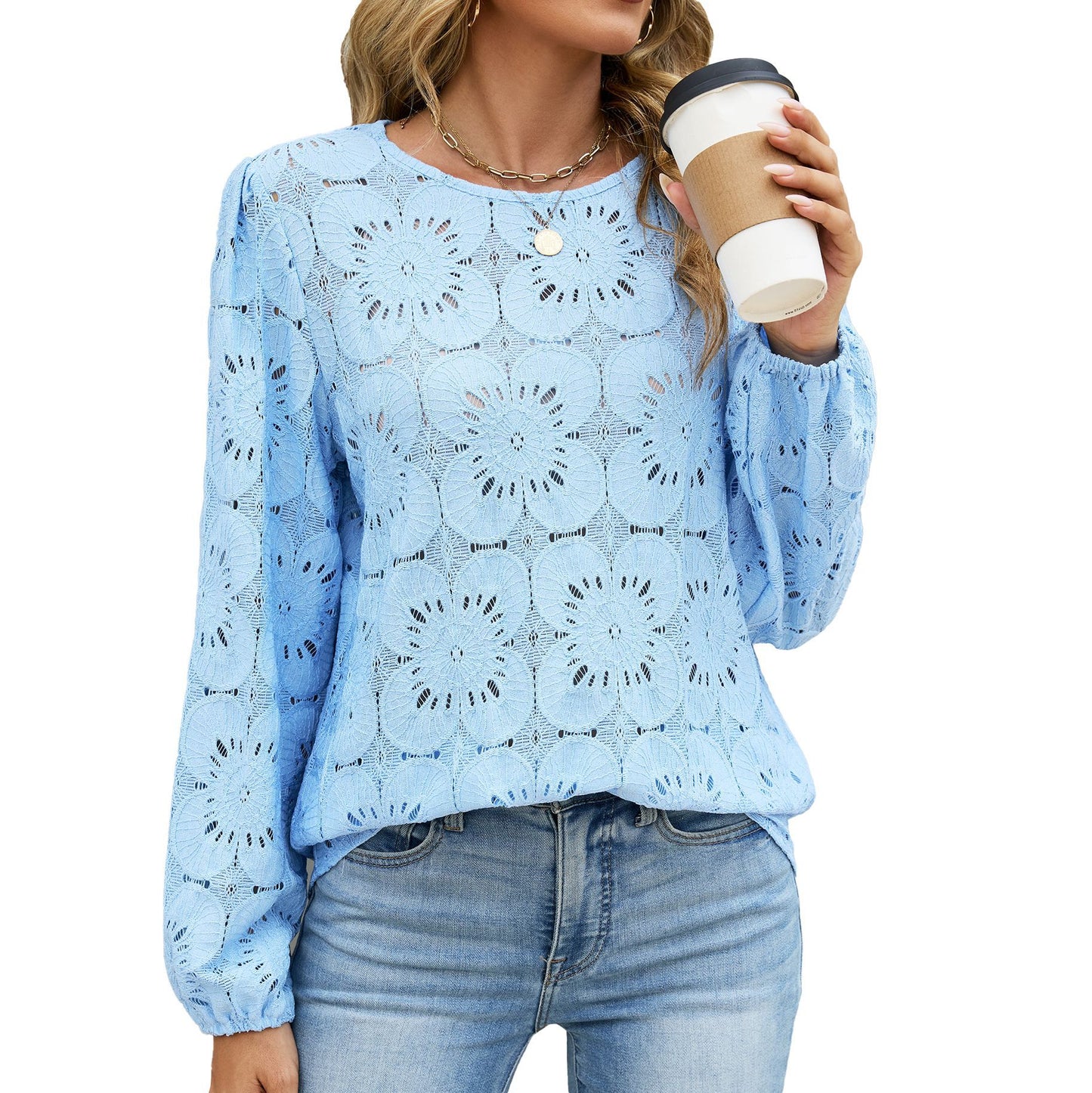 Eyelet Lace Blouse Puff Sleeve Loose Top