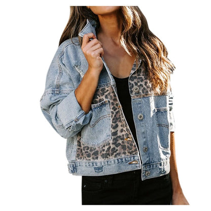Women's Leopard Patchwork Denim Jacket Button Up Casual