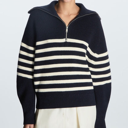 Women's Striped Half Zip Oversized Collared Sweater