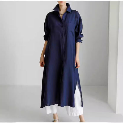 Women's Linen Shirt Dress Long Sleeve Button Down Maxi