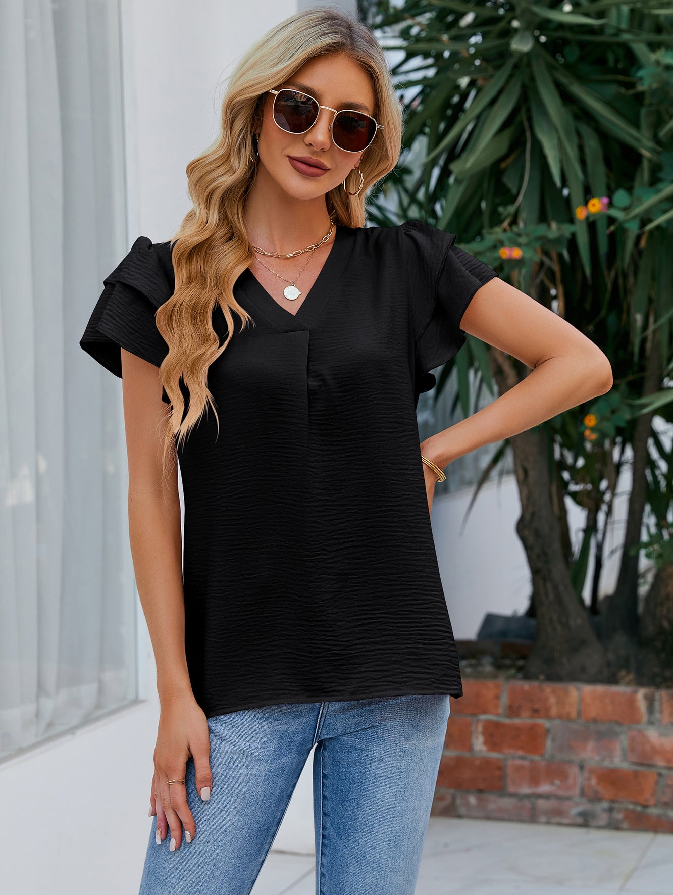 Women’s Short Sleeve Ruffle V Neck Summer Top