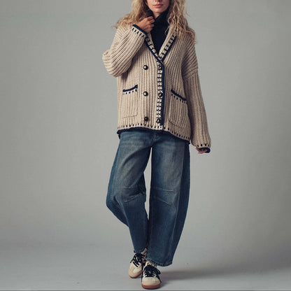 Women's Chunky Knit V-Neck Cardigan with Pockets