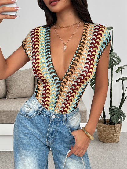 Boho Deep V Crochet Knit Bodysuit Top